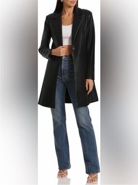Avec Les Filles Black Faux Leather Collared Button Mid-Length Overcoat Size S